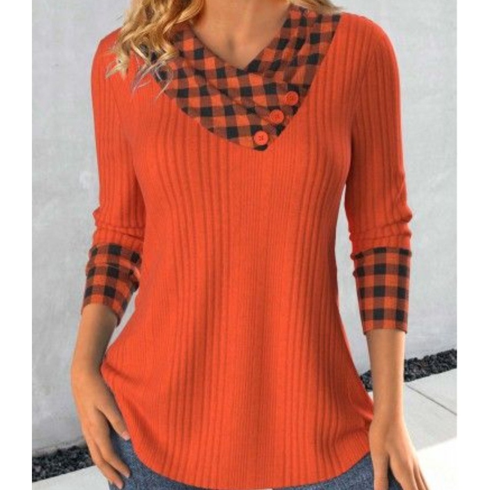 Autumn Patchwork Plaid Orange Black Asymmetrical Neck Sweatshirt Womens Size XXL